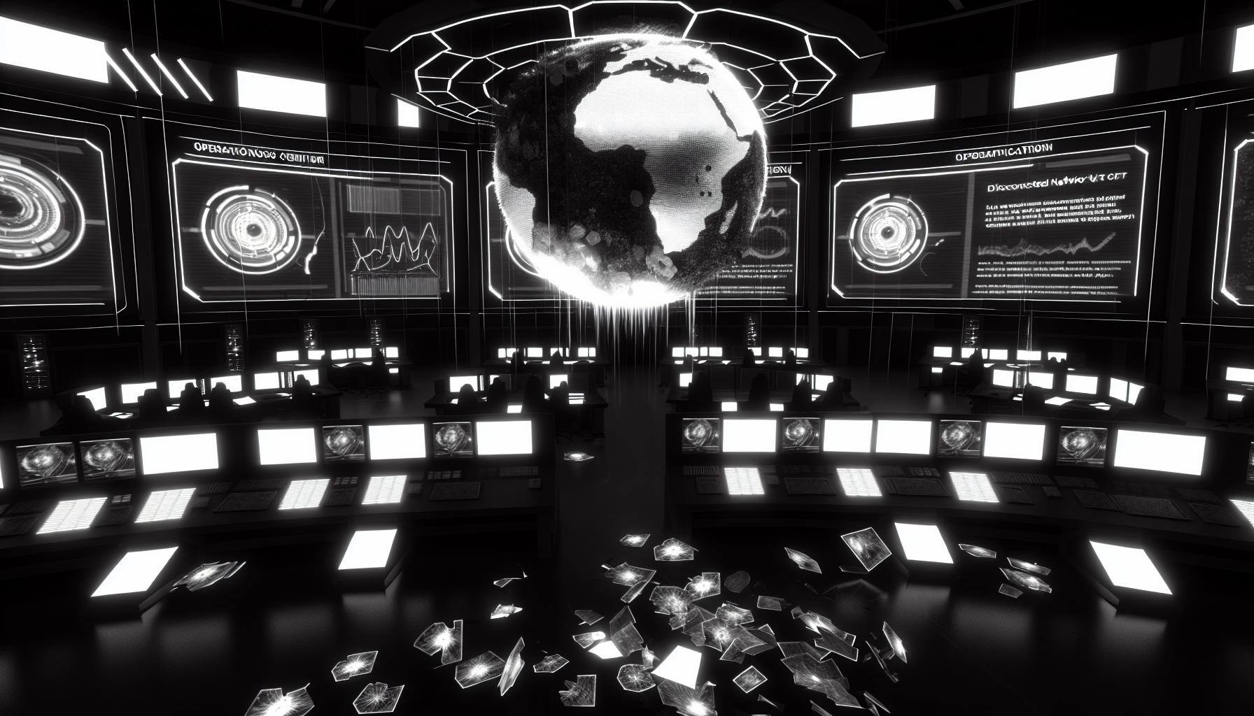black and white image of broken cyber security after a major outage