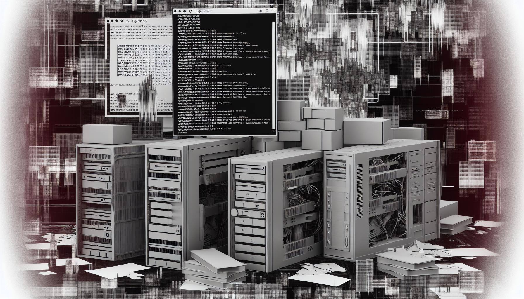 greyscale image of cyber security destruction of systems and singificant outage due to software failure