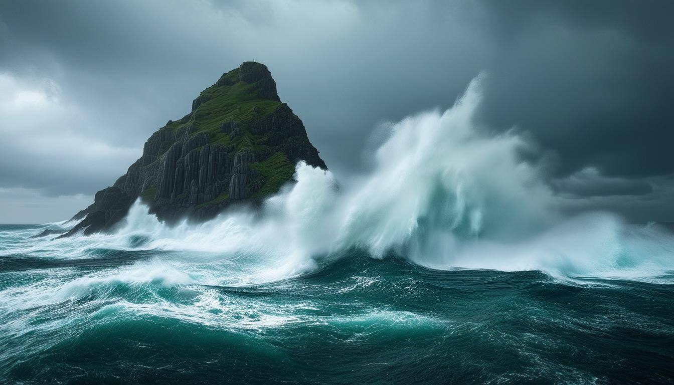 and island cape in the storm being hit by turbulent water